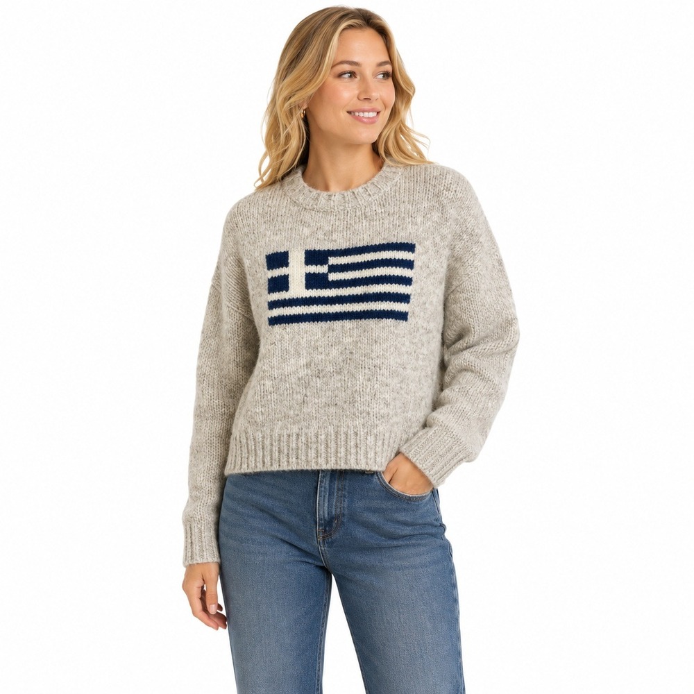 Edikted Sweater Women Small Oatmeal Greek Flag Graphic Relaxed Knit